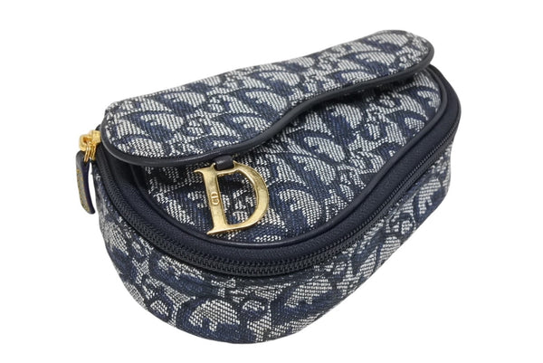 極美品 ChristianDior クリスチャンディオール サドルポーチ MC1928 トロッター柄 キャンバス レザー ネイビー ゴールド金具 中古 4b008970