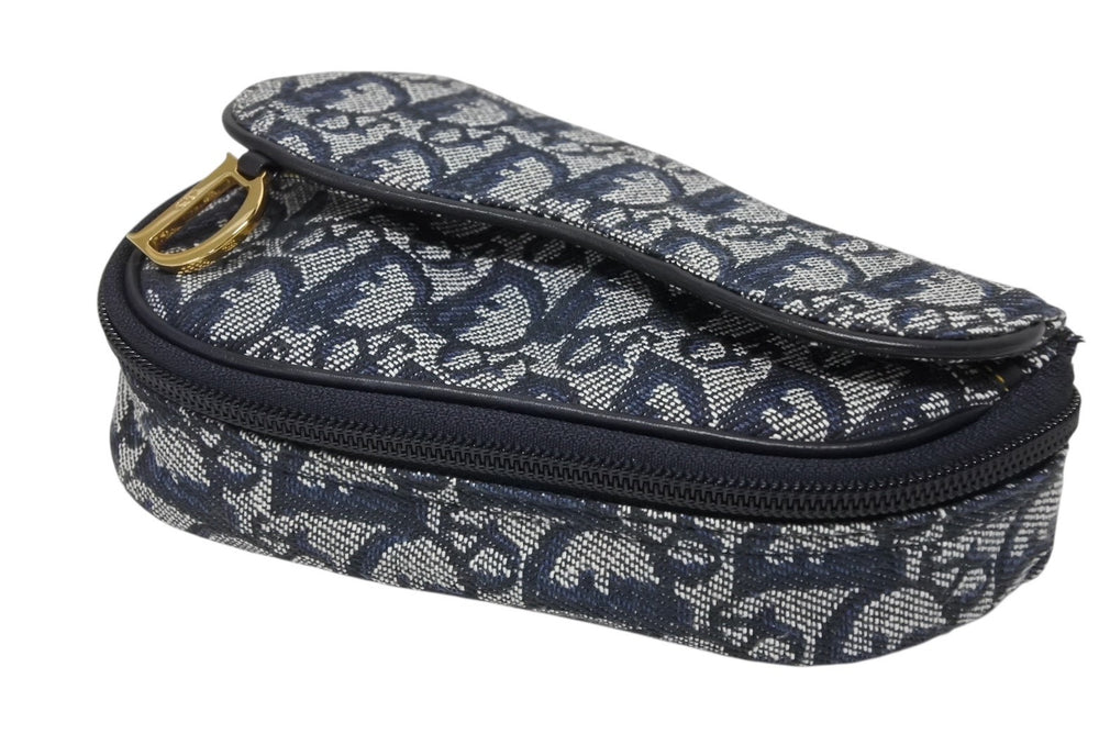 極美品 ChristianDior クリスチャンディオール サドルポーチ MC1928 トロッター柄 キャンバス レザー ネイビー ゴールド金具 中古 4b008970