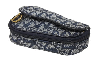 極美品 ChristianDior クリスチャンディオール サドルポーチ MC1928 トロッター柄 キャンバス レザー ネイビー ゴールド金具 中古 4b008970