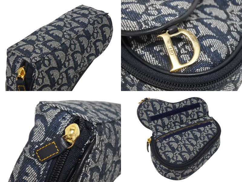 極美品 ChristianDior クリスチャンディオール サドルポーチ MC1928 トロッター柄 キャンバス レザー ネイビー ゴールド金具 中古 4b008970