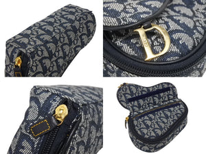 極美品 ChristianDior クリスチャンディオール サドルポーチ MC1928 トロッター柄 キャンバス レザー ネイビー ゴールド金具 中古 4b008970