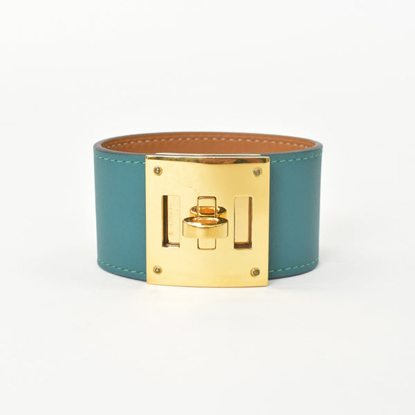 HERMES エルメス ケリードッグ ブレスレット バングル X刻印 レザー GP ゴールド金具 グリーン 美品 中古 4a009061