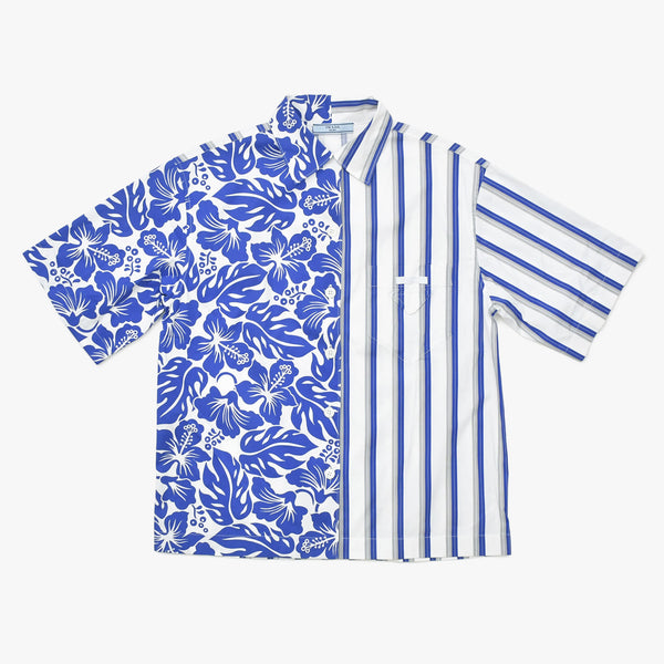 極美品 PRADA プラダ オープンカラーシャツ P433B0 サイズ36 ストライプ トロピカル柄 総柄 ブルー ホワイト 中古 4a009063