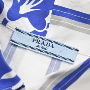 極美品 PRADA プラダ オープンカラーシャツ P433B0 サイズ36 ストライプ トロピカル柄 総柄 ブルー ホワイト 中古 4a009063