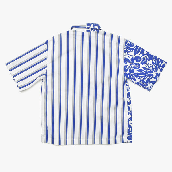 極美品 PRADA プラダ オープンカラーシャツ P433B0 サイズ36 ストライプ トロピカル柄 総柄 ブルー ホワイト 中古 4a009063