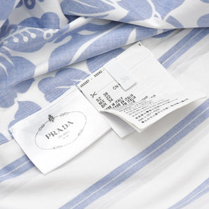 極美品 PRADA プラダ オープンカラーシャツ P433B0 サイズ36 ストライプ トロピカル柄 総柄 ブルー ホワイト 中古 4a009063
