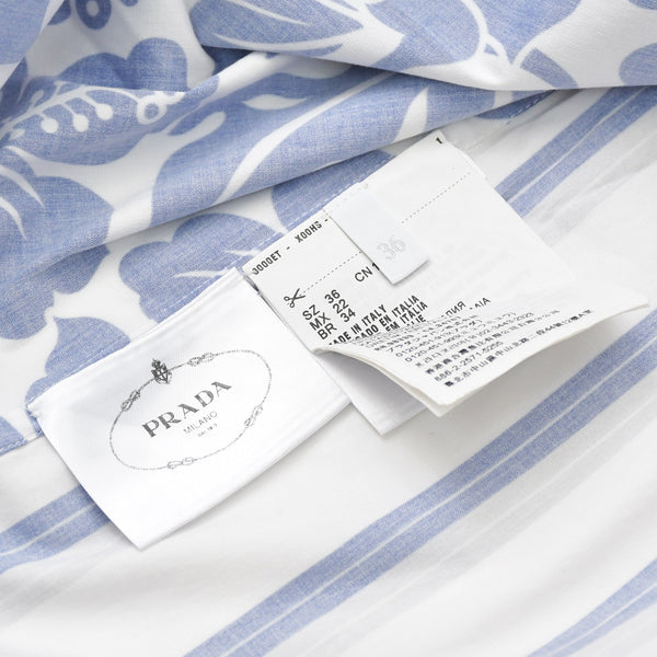 極美品 PRADA プラダ オープンカラーシャツ P433B0 サイズ36 ストライプ トロピカル柄 総柄 ブルー ホワイト 中古 4a009063
