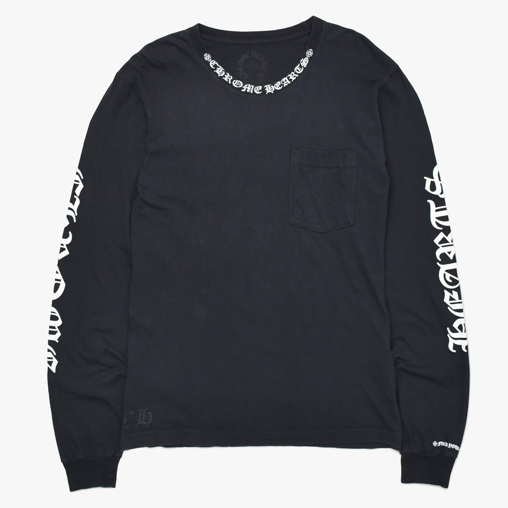 CHROME HEARTS クロムハーツ ネックロゴ 長袖Tシャツ サイズM オールドイングリッシュ ブラック 新型 美品 中古 4a009201