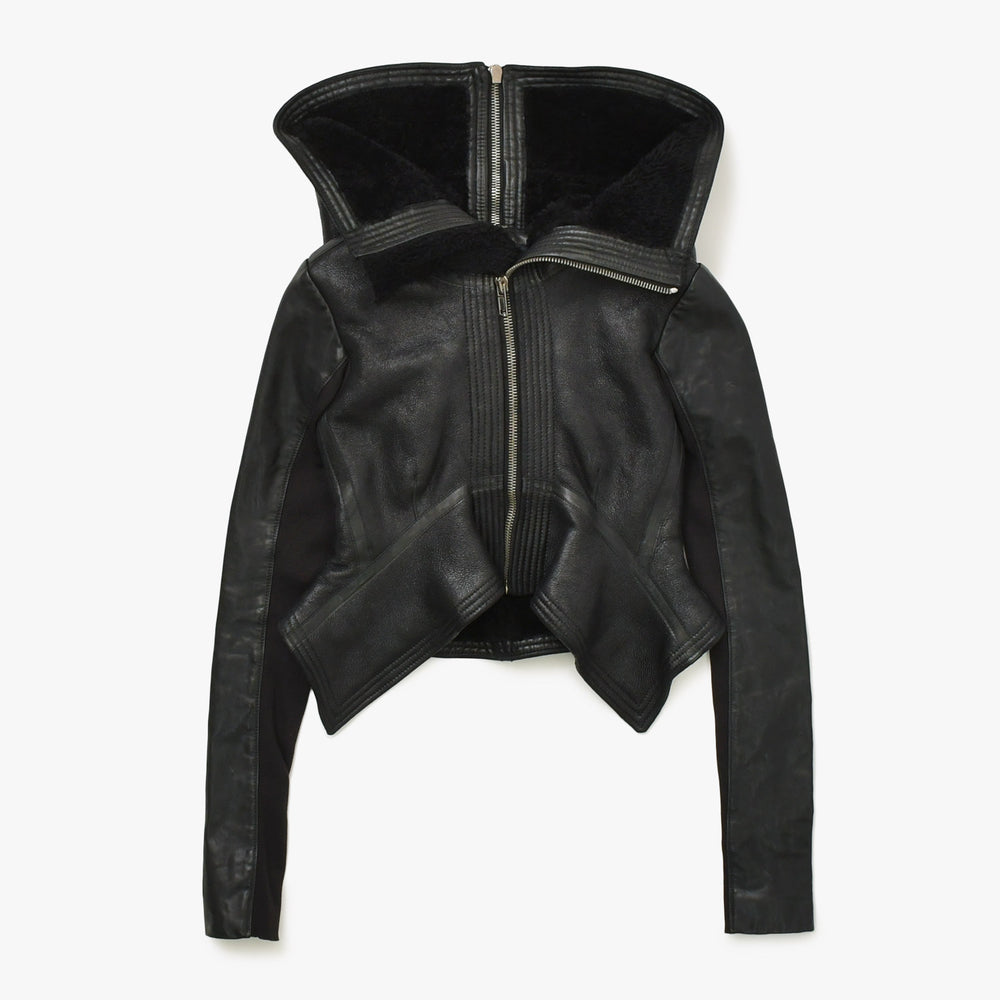 極美品 RICK OWENS リックオウエンス 変形 レザージャケット フード付き RP 9717/LSHO ラムレザー ブラック シルバー金具 サイズ38 中古 4a009325