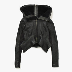 極美品 RICK OWENS リックオウエンス 変形 レザージャケット フード付き RP 9717/LSHO ラムレザー ブラック シルバー金具 サイズ38 中古 4a009325