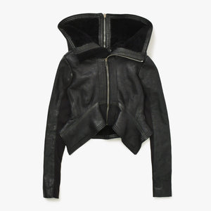 極美品 RICK OWENS リックオウエンス 変形 レザージャケット フード付き RP 9717/LSHO ラムレザー ブラック シルバー金具 サイズ38 中古 4a009325