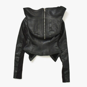 極美品 RICK OWENS リックオウエンス 変形 レザージャケット フード付き RP 9717/LSHO ラムレザー ブラック シルバー金具 サイズ38 中古 4a009325