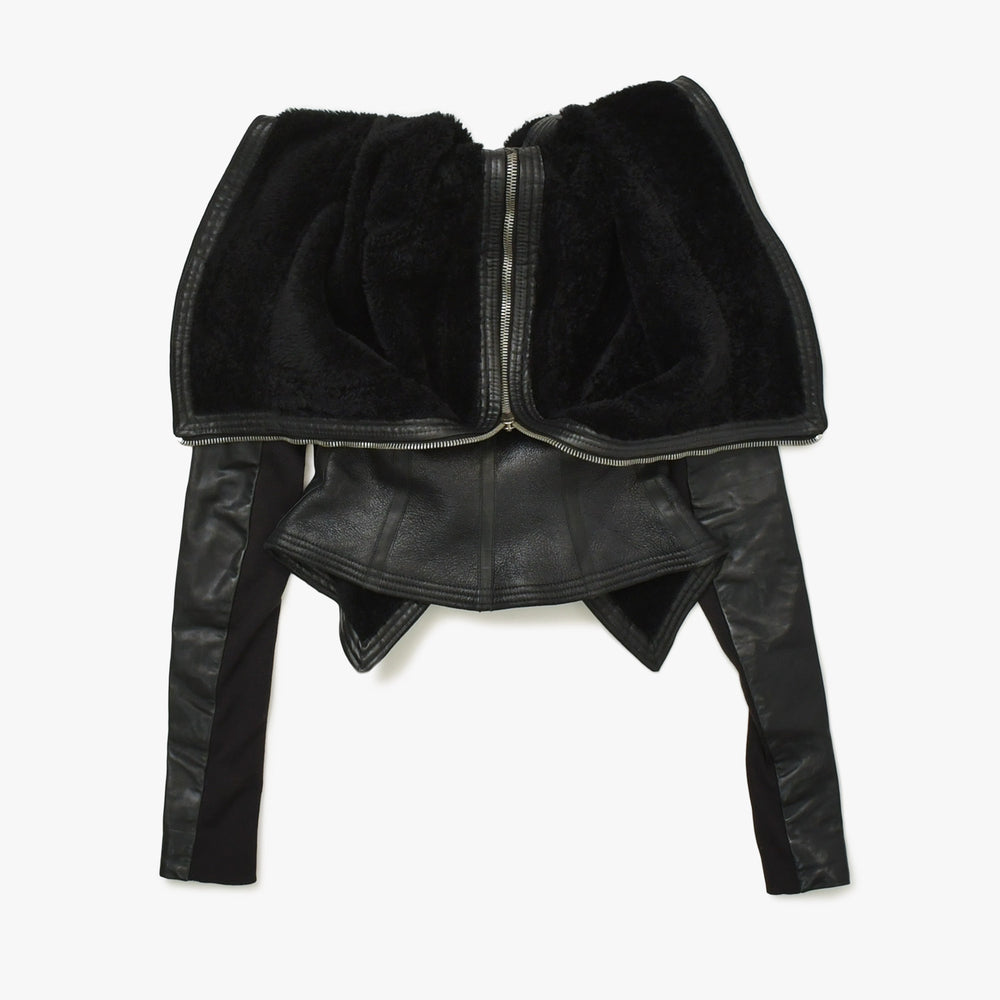 Very Good Condition RICK OWENS Deformed Leather Jacket with Hood RP 9717/LSHO Lamb Leather Black Silver Hardware Size 38 Used 4a009325