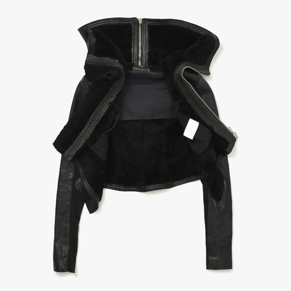 Very Good Condition RICK OWENS Deformed Leather Jacket with Hood RP 9717/LSHO Lamb Leather Black Silver Hardware Size 38 Used 4a009325
