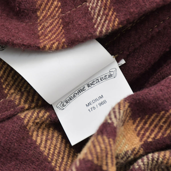 Very Good Condition CHROME HEARTS WORK DOG Check Flannel Shirt Cross Ball Button Y Knot Burgundy Light Orange Size L Used 4a009375