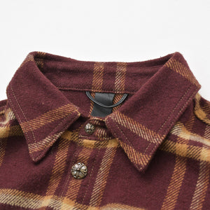 Very Good Condition CHROME HEARTS WORK DOG Check Flannel Shirt Cross Ball Button Y Knot Burgundy Light Orange Size L Used 4a009375