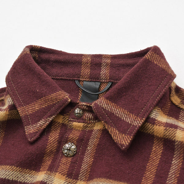 Very Good Condition CHROME HEARTS WORK DOG Check Flannel Shirt Cross Ball Button Y Knot Burgundy Light Orange Size L Used 4a009375