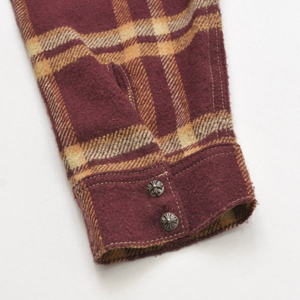 Very Good Condition CHROME HEARTS WORK DOG Check Flannel Shirt Cross Ball Button Y Knot Burgundy Light Orange Size L Used 4a009375