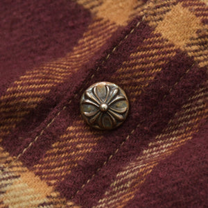 Very Good Condition CHROME HEARTS WORK DOG Check Flannel Shirt Cross Ball Button Y Knot Burgundy Light Orange Size L Used 4a009375