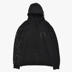 極美品 CHROME HEARTS クロムハーツ STENCIL HOODIE 袖ステンシル バックホースシュー プリント プルオーバーパーカー ブラック サイズXL 中古 4a009377