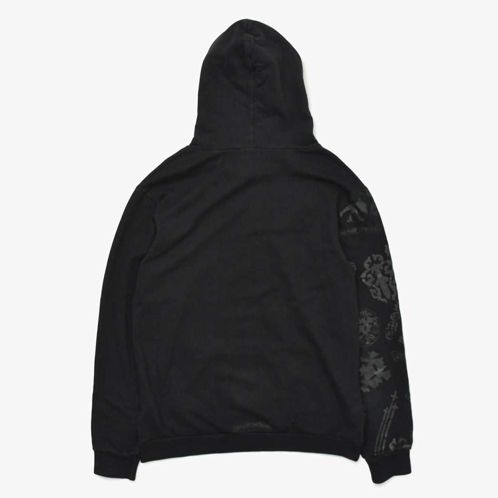 極美品 CHROME HEARTS クロムハーツ STENCIL HOODIE 袖ステンシル バックホースシュー プリント プルオーバーパーカー ブラック サイズXL 中古 4a009377