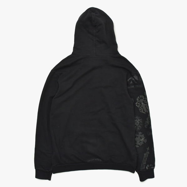 極美品 CHROME HEARTS クロムハーツ STENCIL HOODIE 袖ステンシル バックホースシュー プリント プルオーバーパーカー ブラック サイズXL 中古 4a009377