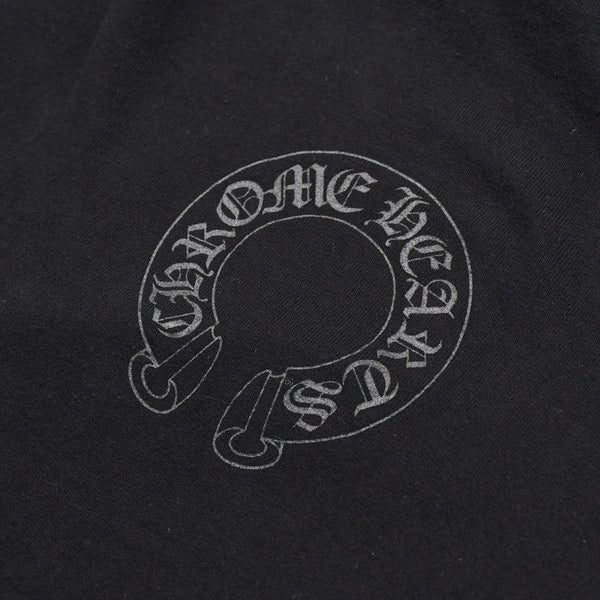 極美品 CHROME HEARTS クロムハーツ STENCIL HOODIE 袖ステンシル バックホースシュー プリント プルオーバーパーカー ブラック サイズXL 中古 4a009377