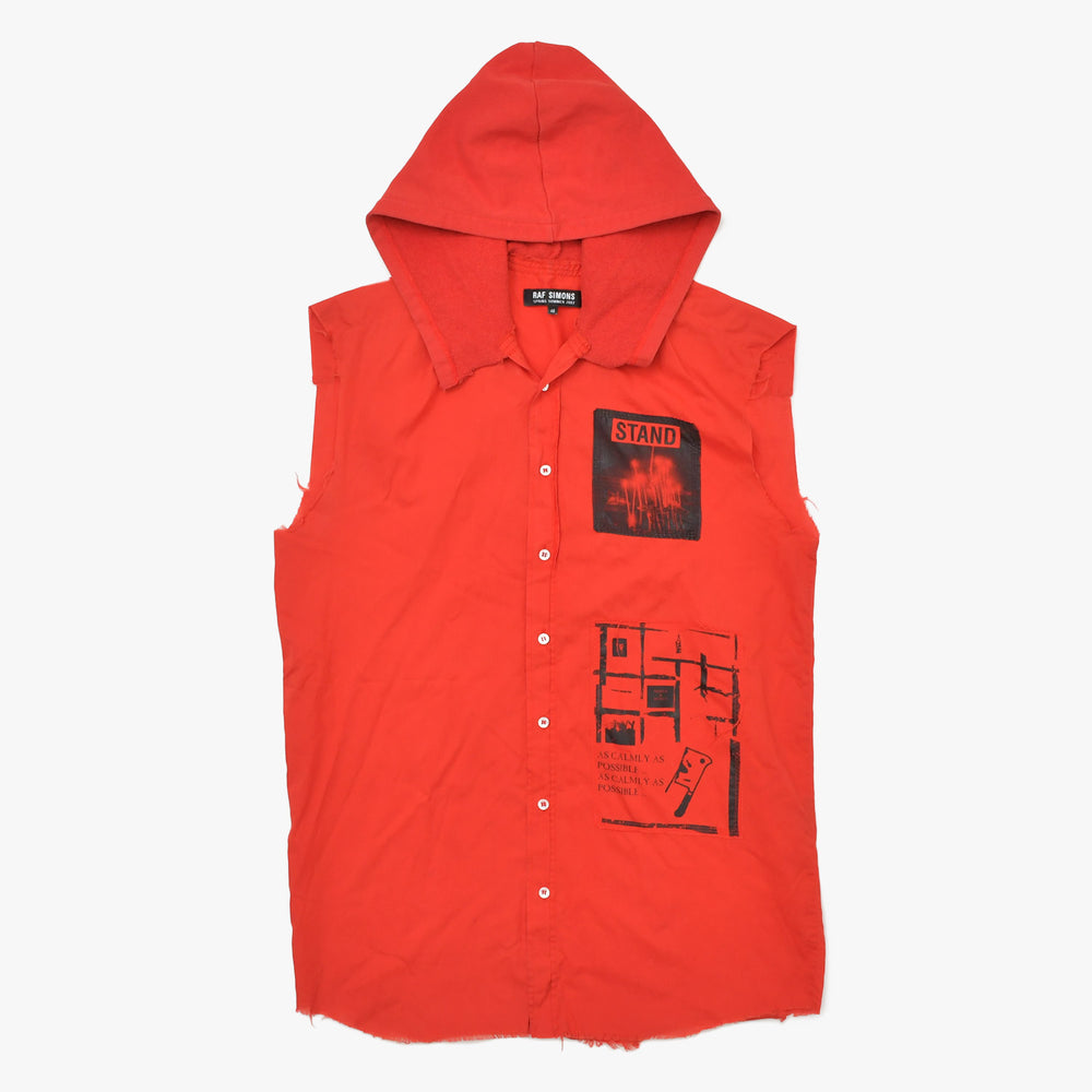 極美品 RAF SIMONS ラフシモンズ 02SS ノースリーブ シャツフーディ サイズ46 テロ期 レッド カットオフ アーカイブ 中古 4a009432