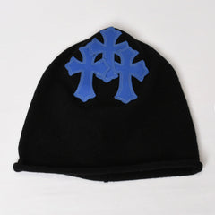 極美品 CHROME HEARTS クロムハーツ 3クロスレザーパッチカシミアニットフェイスマスク ブルー ニット帽 中古 4b014104