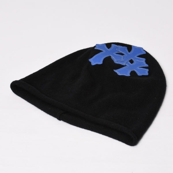 極美品 CHROME HEARTS クロムハーツ 3クロスレザーパッチカシミアニットフェイスマスク ブルー ニット帽 中古 4b014104