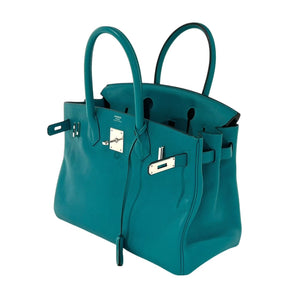 Very Good Condition HERMES Birkin 30 Handbag Taurillon Clemence Blue Paon Silver Hardware X Stamp Used 4a001271