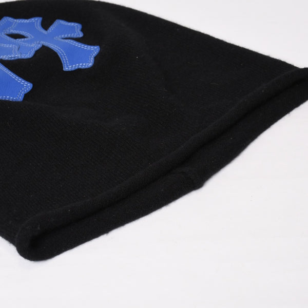極美品 CHROME HEARTS クロムハーツ 3クロスレザーパッチカシミアニットフェイスマスク ブルー ニット帽 中古 4b014104