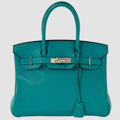 Very Good Condition HERMES Birkin 30 Handbag Taurillon Clemence Blue Paon Silver Hardware X Stamp Used 4a001271