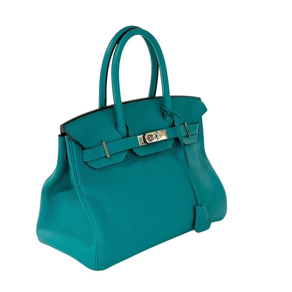 Very Good Condition HERMES Birkin 30 Handbag Taurillon Clemence Blue Paon Silver Hardware X Stamp Used 4a001271