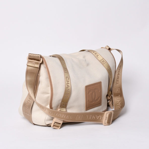 Very Good Condition CHANEL CHANEL Sports Line Messenger Bag No. 10 Coco Mark Beige Leather Canvas Metal Fiber Used 4a000138