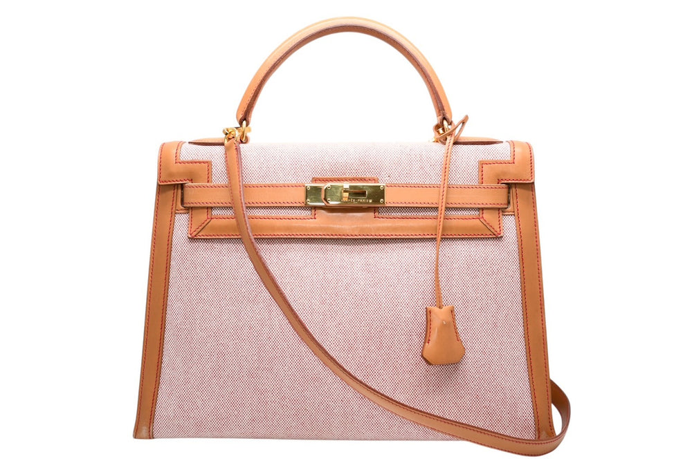 極美品 HERMES エルメス ケリー32 外縫い ナチュラル レッドステッチ □B刻印 ゴールド金具 トワルアッシュ レザー ハンドバッグ 2WAY 中古 4b012848