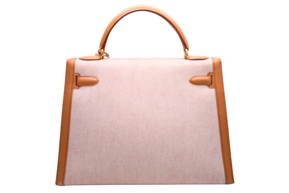 極美品 HERMES エルメス ケリー32 外縫い ナチュラル レッドステッチ □B刻印 ゴールド金具 トワルアッシュ レザー ハンドバッグ 2WAY 中古 4b012848