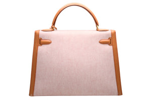 極美品 HERMES エルメス ケリー32 外縫い ナチュラル レッドステッチ □B刻印 ゴールド金具 トワルアッシュ レザー ハンドバッグ 2WAY 中古 4b012848