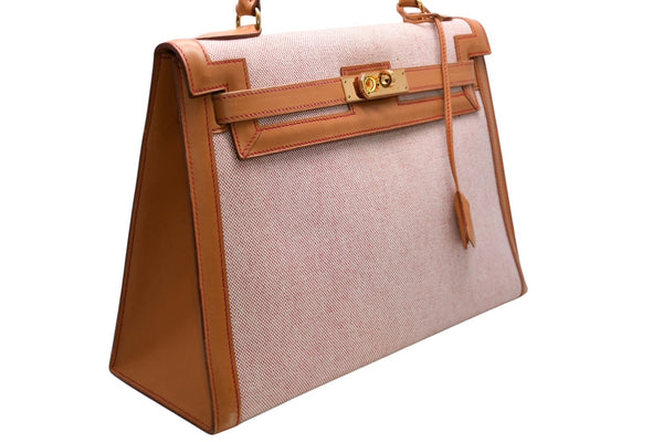 極美品 HERMES エルメス ケリー32 外縫い ナチュラル レッドステッチ □B刻印 ゴールド金具 トワルアッシュ レザー ハンドバッグ 2WAY 中古 4b012848