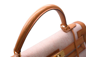極美品 HERMES エルメス ケリー32 外縫い ナチュラル レッドステッチ □B刻印 ゴールド金具 トワルアッシュ レザー ハンドバッグ 2WAY 中古 4b012848