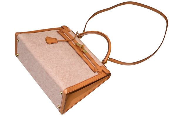 極美品 HERMES エルメス ケリー32 外縫い ナチュラル レッドステッチ □B刻印 ゴールド金具 トワルアッシュ レザー ハンドバッグ 2WAY 中古 4b012848