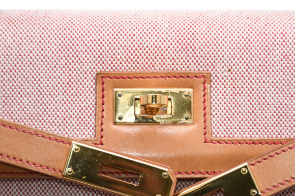 極美品 HERMES エルメス ケリー32 外縫い ナチュラル レッドステッチ □B刻印 ゴールド金具 トワルアッシュ レザー ハンドバッグ 2WAY 中古 4b012848