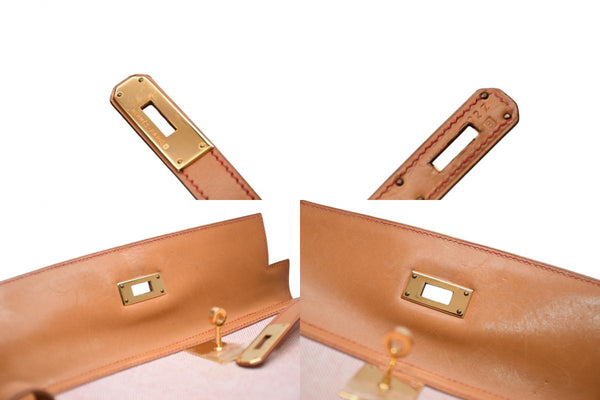 極美品 HERMES エルメス ケリー32 外縫い ナチュラル レッドステッチ □B刻印 ゴールド金具 トワルアッシュ レザー ハンドバッグ 2WAY 中古 4b012848