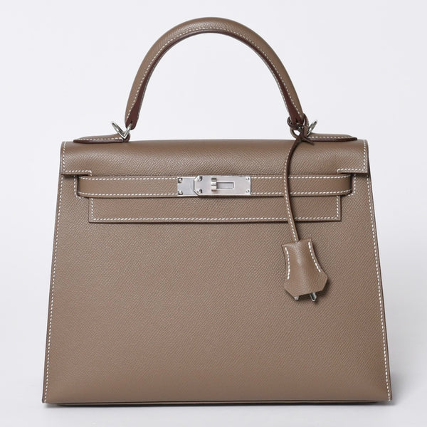 新品未使用 HERMES エルメス ケリー28 外縫い エトゥープ B刻印 ヴォーエプソン シルバー金具 ハンドバッグ 中古 4a001067