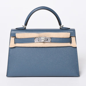 New and unused Hermes G engraved Mini Kelly 2 Blue Tanpet Madame Outer Sewing 2WAY Shoulder Bag Used 4a001396