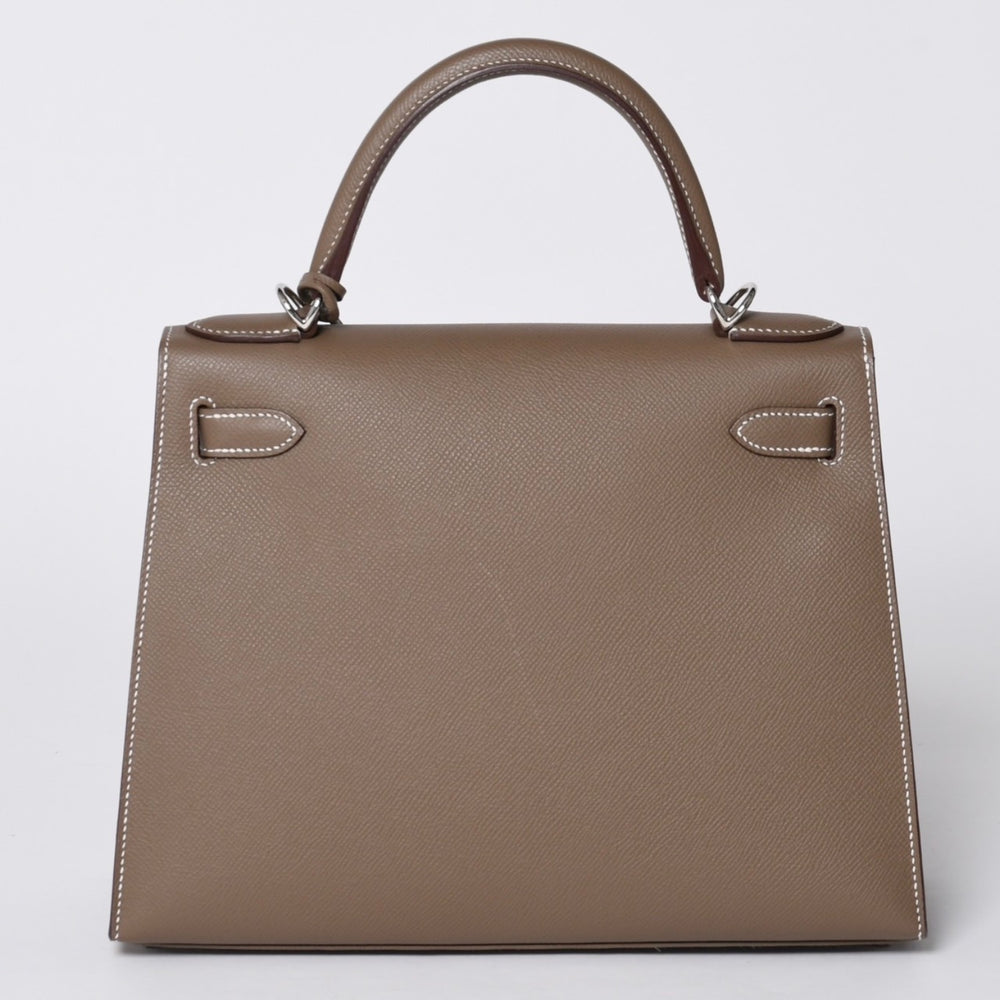 新品未使用 HERMES エルメス ケリー28 外縫い エトゥープ B刻印 ヴォーエプソン シルバー金具 ハンドバッグ 中古 4a001067