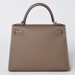 新品未使用 HERMES エルメス ケリー28 外縫い エトゥープ B刻印 ヴォーエプソン シルバー金具 ハンドバッグ 中古 4a001067