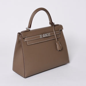 新品未使用 HERMES エルメス ケリー28 外縫い エトゥープ B刻印 ヴォーエプソン シルバー金具 ハンドバッグ 中古 4a001067