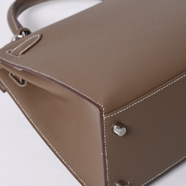 新品未使用 HERMES エルメス ケリー28 外縫い エトゥープ B刻印 ヴォーエプソン シルバー金具 ハンドバッグ 中古 4a001067