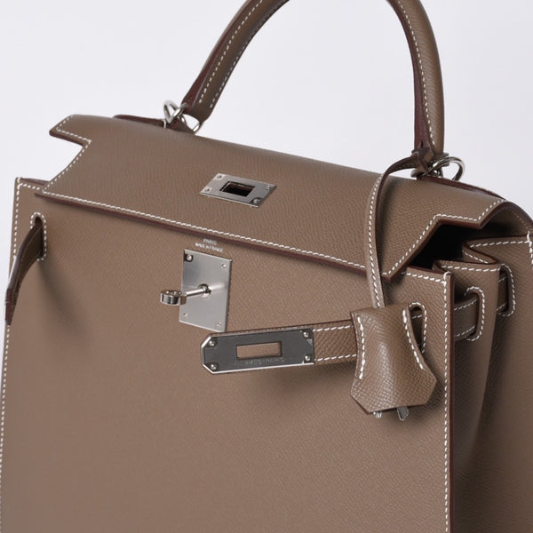 新品未使用 HERMES エルメス ケリー28 外縫い エトゥープ B刻印 ヴォーエプソン シルバー金具 ハンドバッグ 中古 4a001067